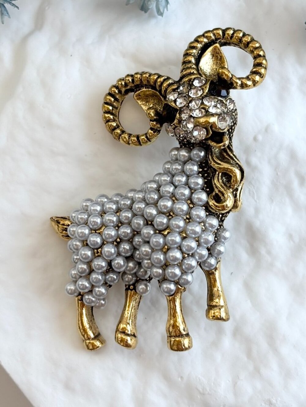Goat Figural Gold Toned Pearl Accented Vintage Style Textured Brooch Pin - Picture 1 of 15